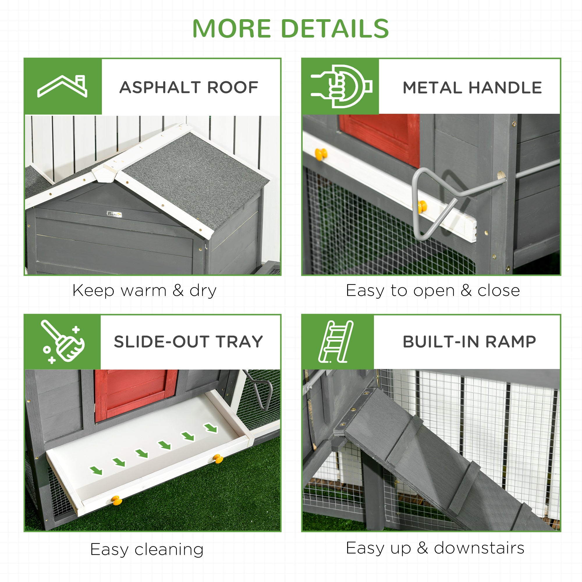 118" Extra Large Chicken Coop with Asphalt Roof, Wooden Hen Run with Slide-Out Tray and Nesting Box, Chicken Hutch for 3-6 Chickens, Gray