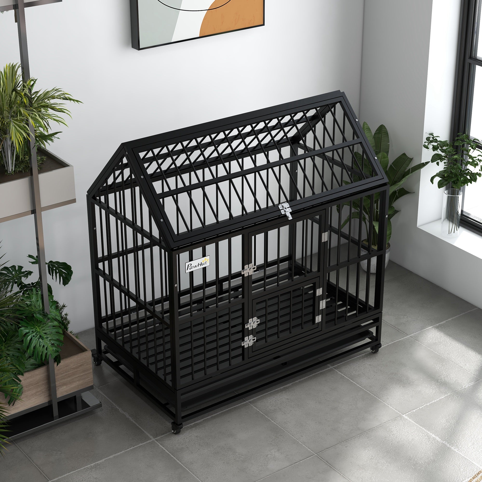 48" Heavy Duty Dog Crate with 4 Lockable Wheels, Double Doors, and Removable Tray, for XL and L Dogs