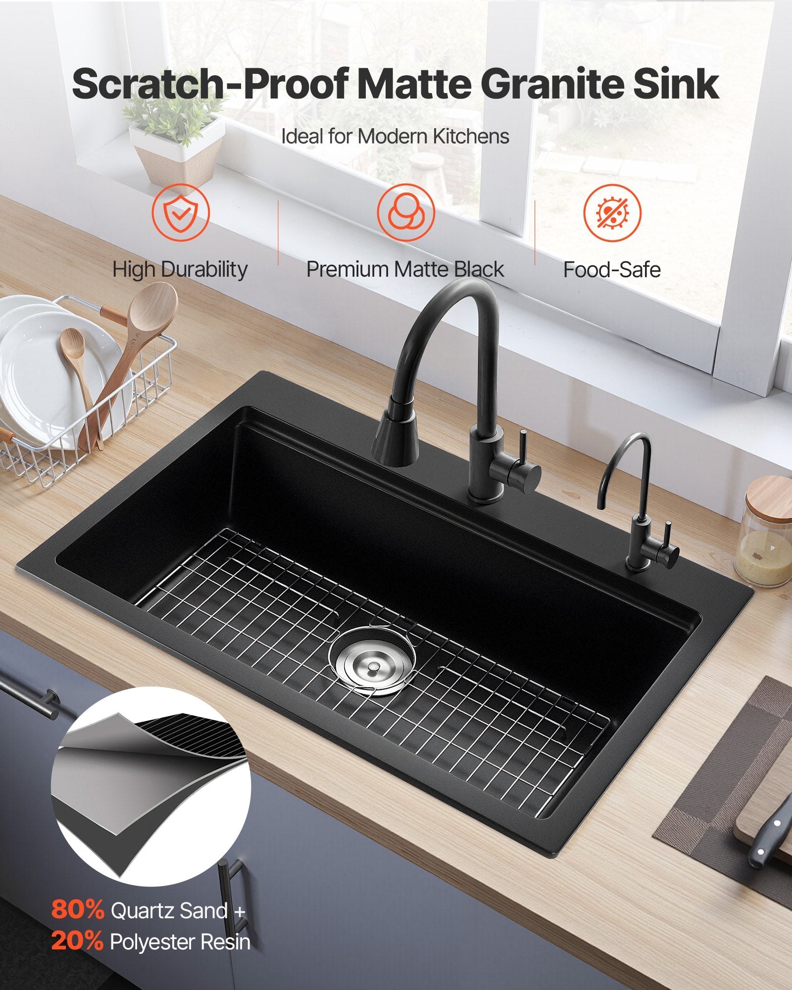 33 Inch Granite Kitchen Sink Top Mount Single Bowl Drop-In Basin For RV Bar