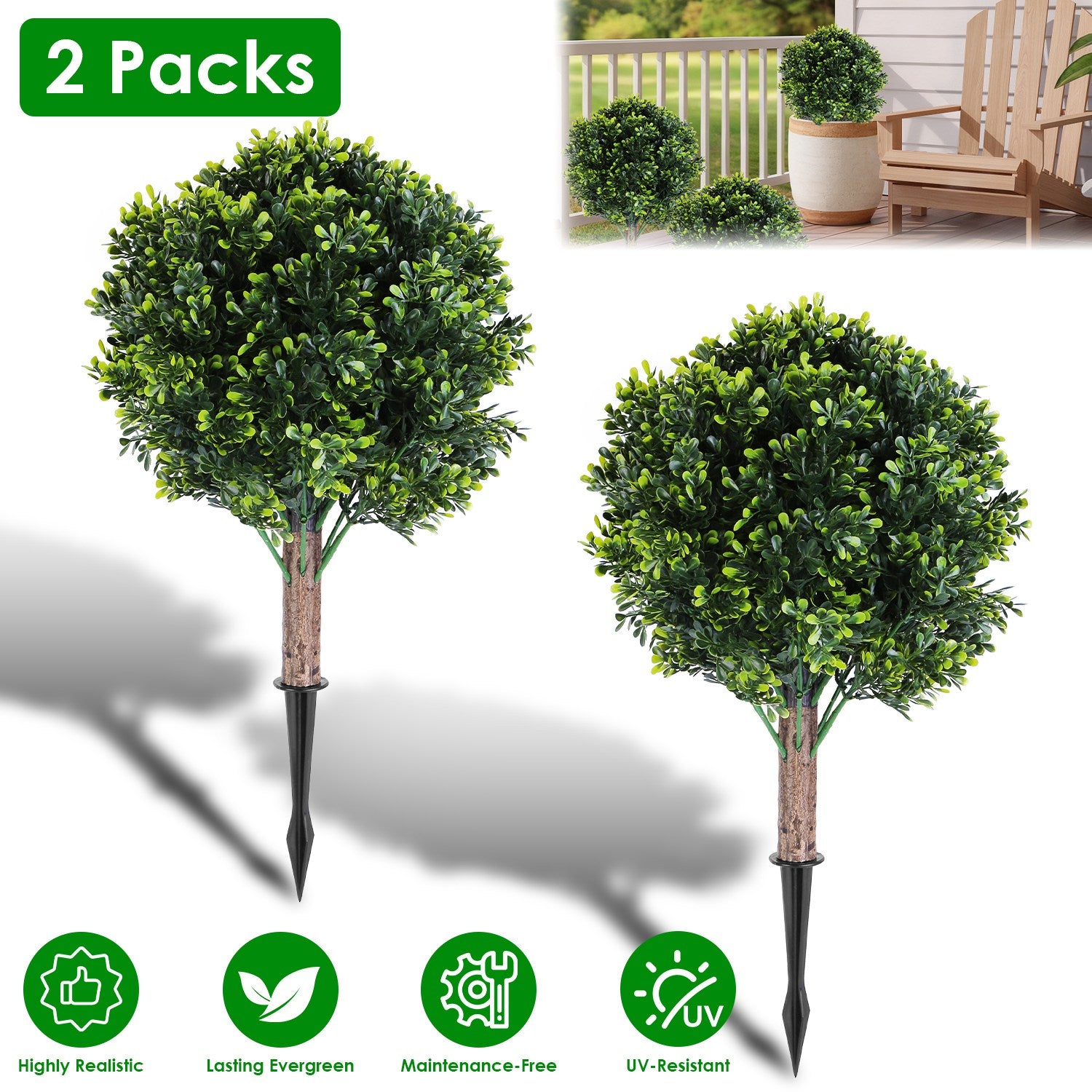 2 Packs Faux Boxwood Ball Trees Artificial Peanut Topiary Tree UV Resistant Artificial Shrubs Fake Plants Evergreen Artificial Bush With Ground Spike For Indoor Outdoor Front Porch Garden