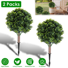 2 Packs Faux Boxwood Ball Trees Artificial Peanut Topiary Tree UV Resistant Artificial Shrubs Fake Plants Evergreen Artificial Bush With Ground Spike For Indoor Outdoor Front Porch Garden