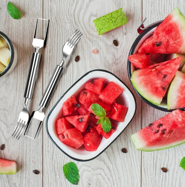 5Pcs 2 In 1 Watermelon Cutter Slicer Fork Stainless Steel Dual Head Watermelon Fruit Cutting