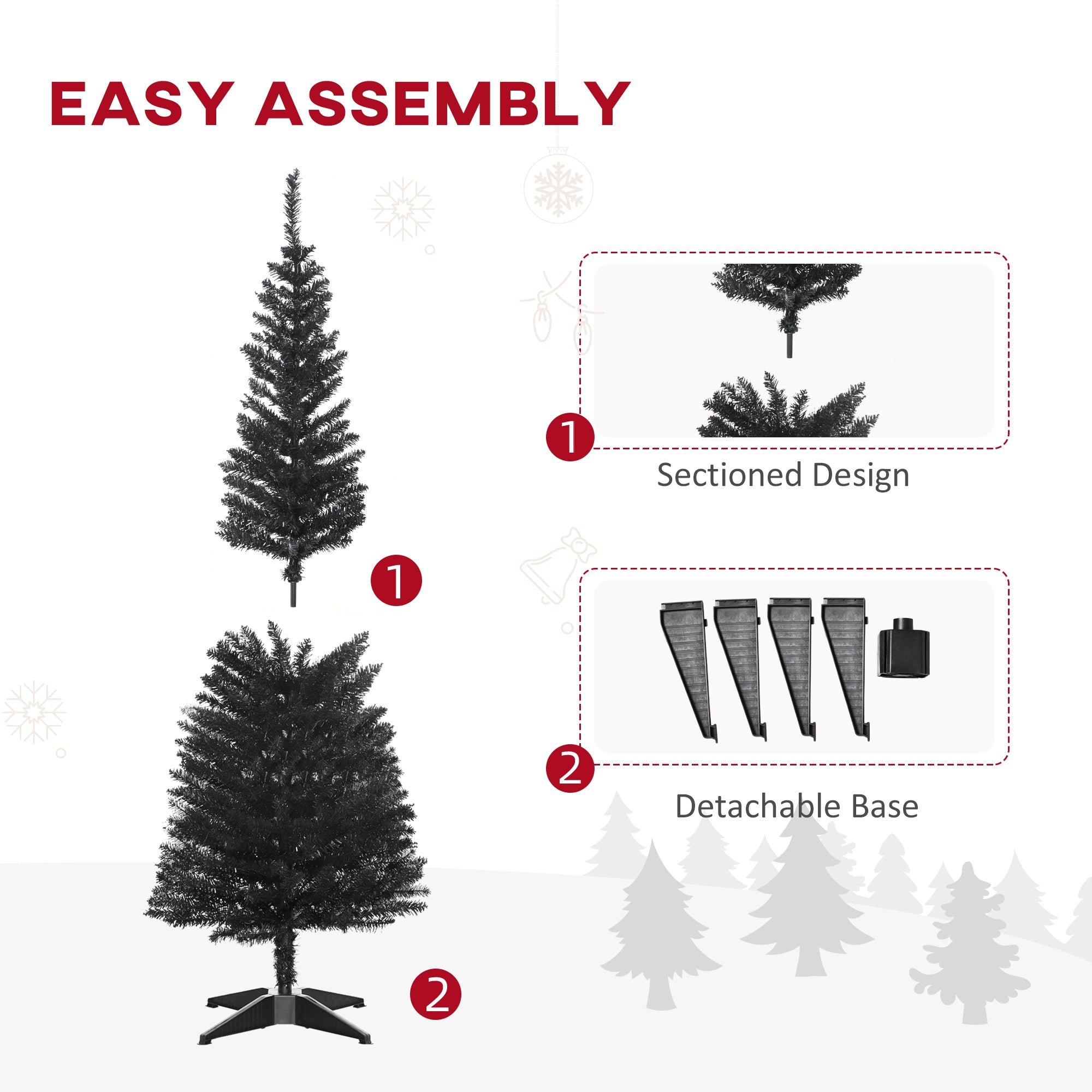 5' Artificial Pencil Christmas Tree, Slim Xmas Tree with 294 Realistic Branch Tips and Plastic Stand, Black