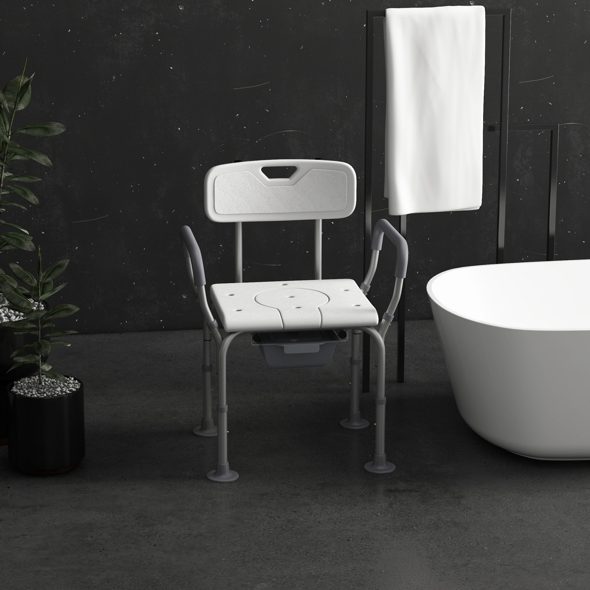 3-in-1 Shower Chair with Back and Arms, Height Adjustable Bedside Commode, Raised Toilet Seat with Non-Slip Rubber Foot Pad for Seniors, Disabled, White
