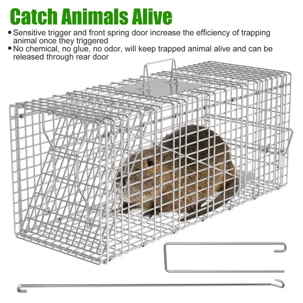 Humane Cat Trap Cage With Waterproof Cover Gloves Catch Release Live Animal Rodent Cage Collapsible Galvanized Wire For Raccoons Beavers Groundhogs Foxes Armadillos