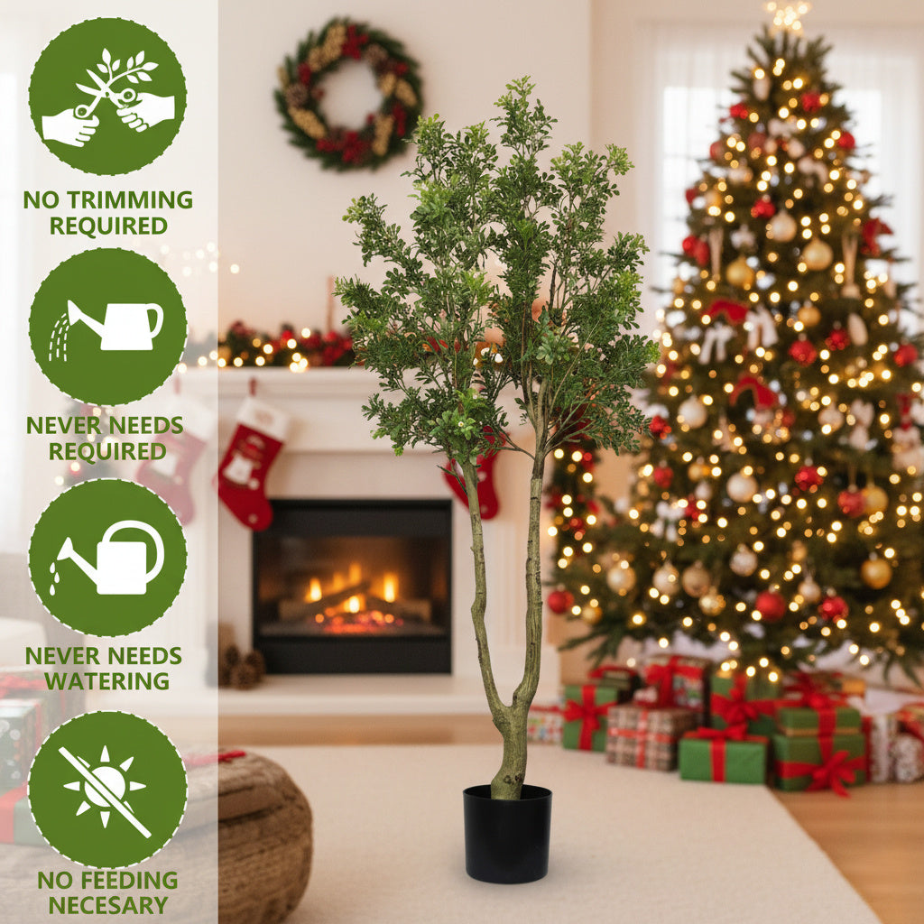 5.2FT Tall Artificial Tree Natural Faux Plant With Lush Greenery & Authentic Trunk Perfect For Indoor, Office, Living Room Or Entryway Decor