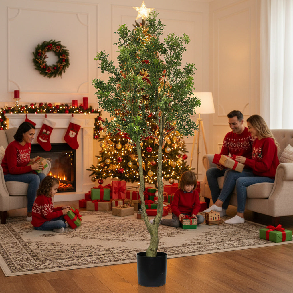 5.2FT Tall Artificial Tree Natural Faux Plant With Lush Greenery & Authentic Trunk Perfect For Indoor, Office, Living Room Or Entryway Decor
