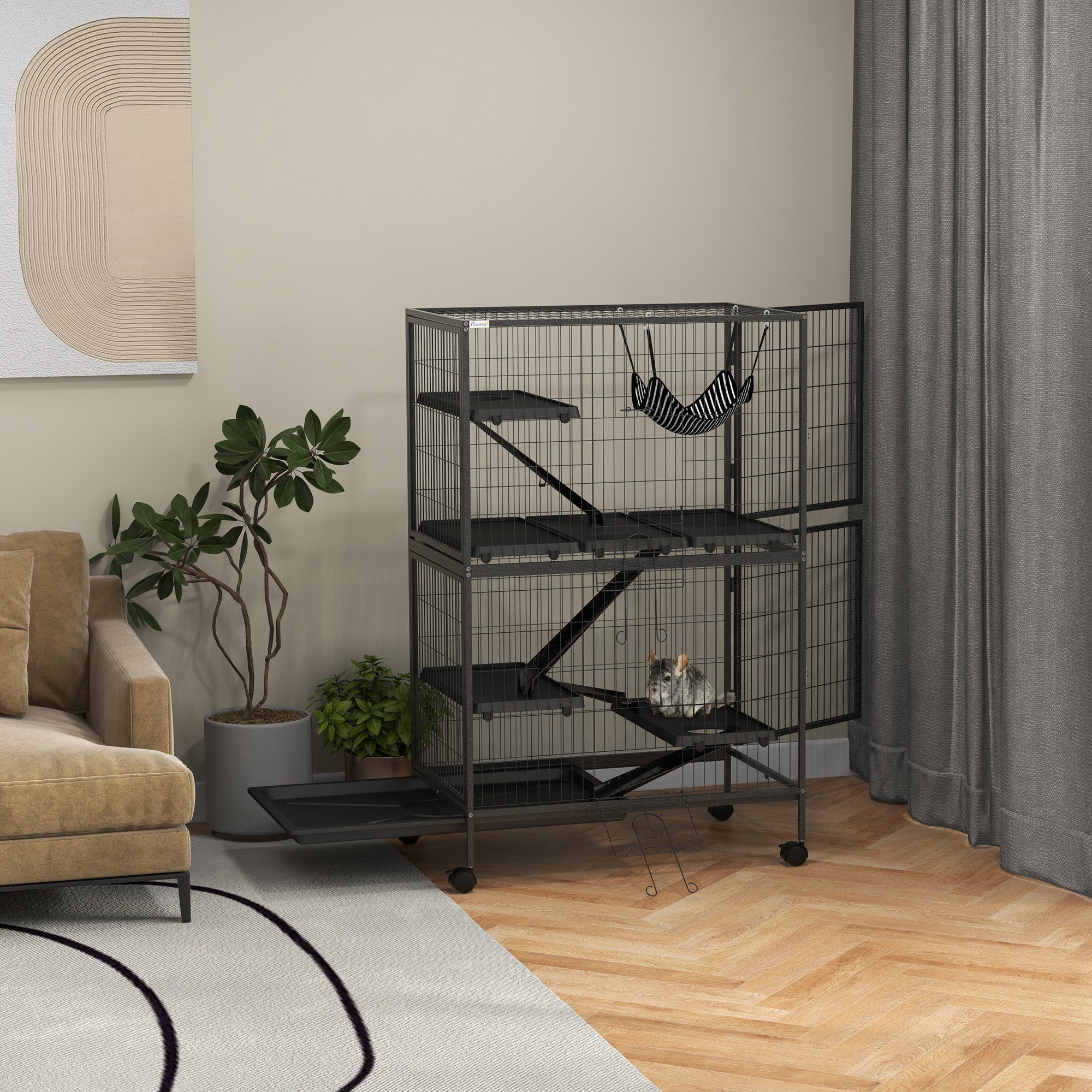 50" H Rolling Small Animal Cage with Hammock, Ferret Cage, Chinchilla Cage, Pet Habitat with 4 Doors, Removable Tray