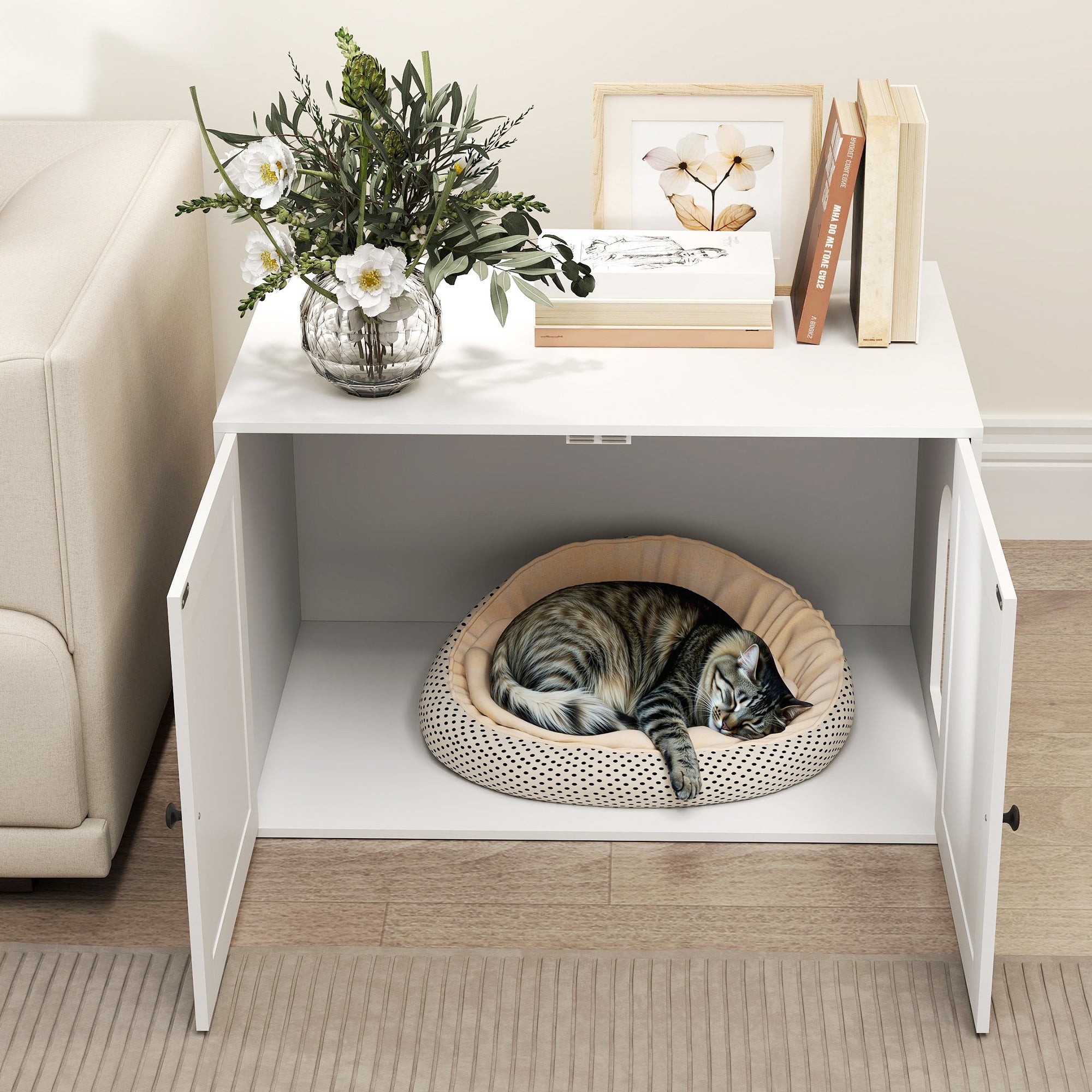 Cat Litter Box Enclosure with Barn Door, Cat Hole, 31.5" x 21" x 20", White