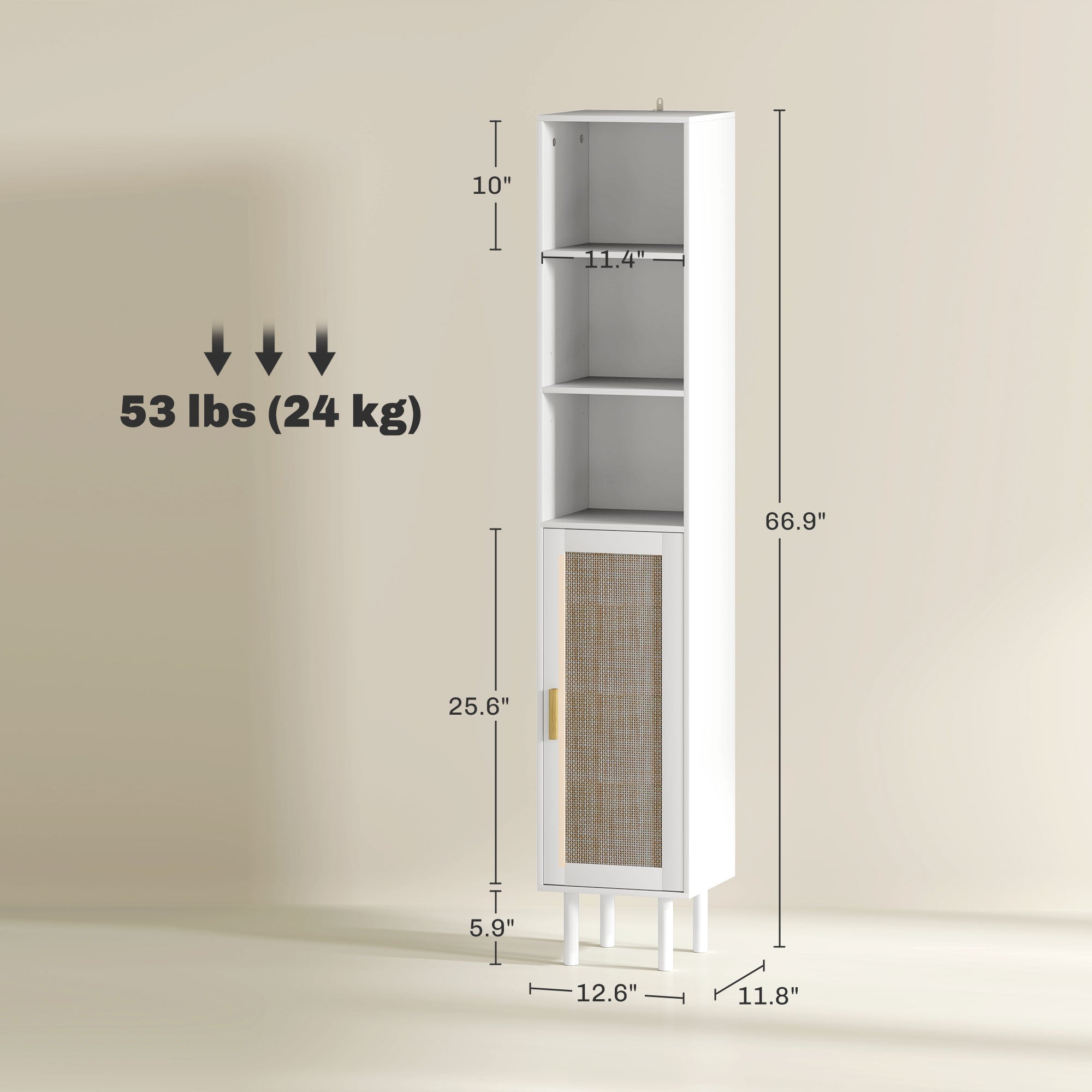 Tall Bathroom Cabinet with Rattan Doors, Freestanding Bathroom Storage Cabinet with Adjustable Shelves, White