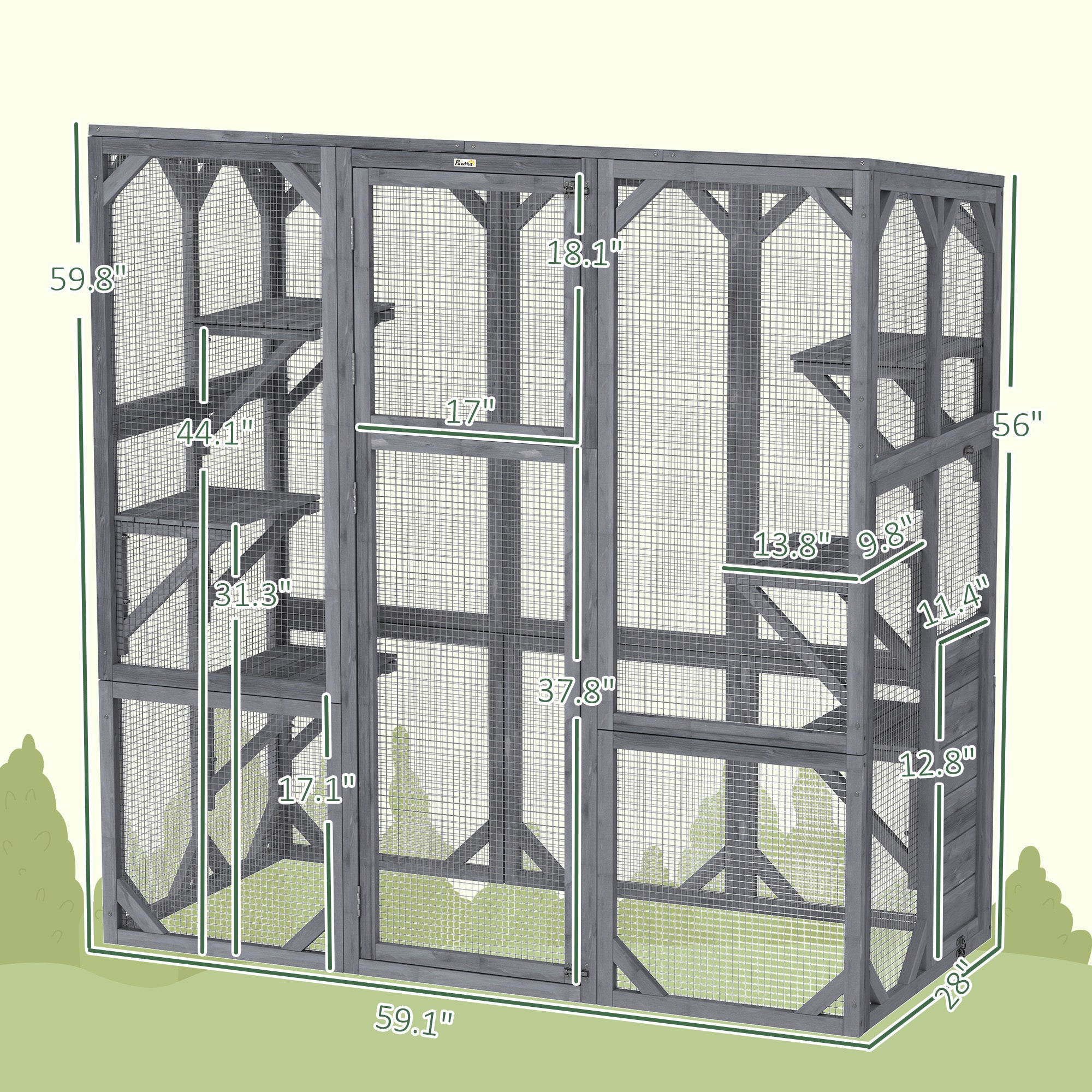 Large Wooden Catio Outdoor with 6 Jumping Platforms, Weatherproof Roof, for 1-3 Cats, 59" x 28" x 60", Gray