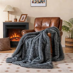 Gray 740GSM Faux Wolf Fur Throw Blanket 60"x80" Double-Sided Soft Fleece Lined Blanket