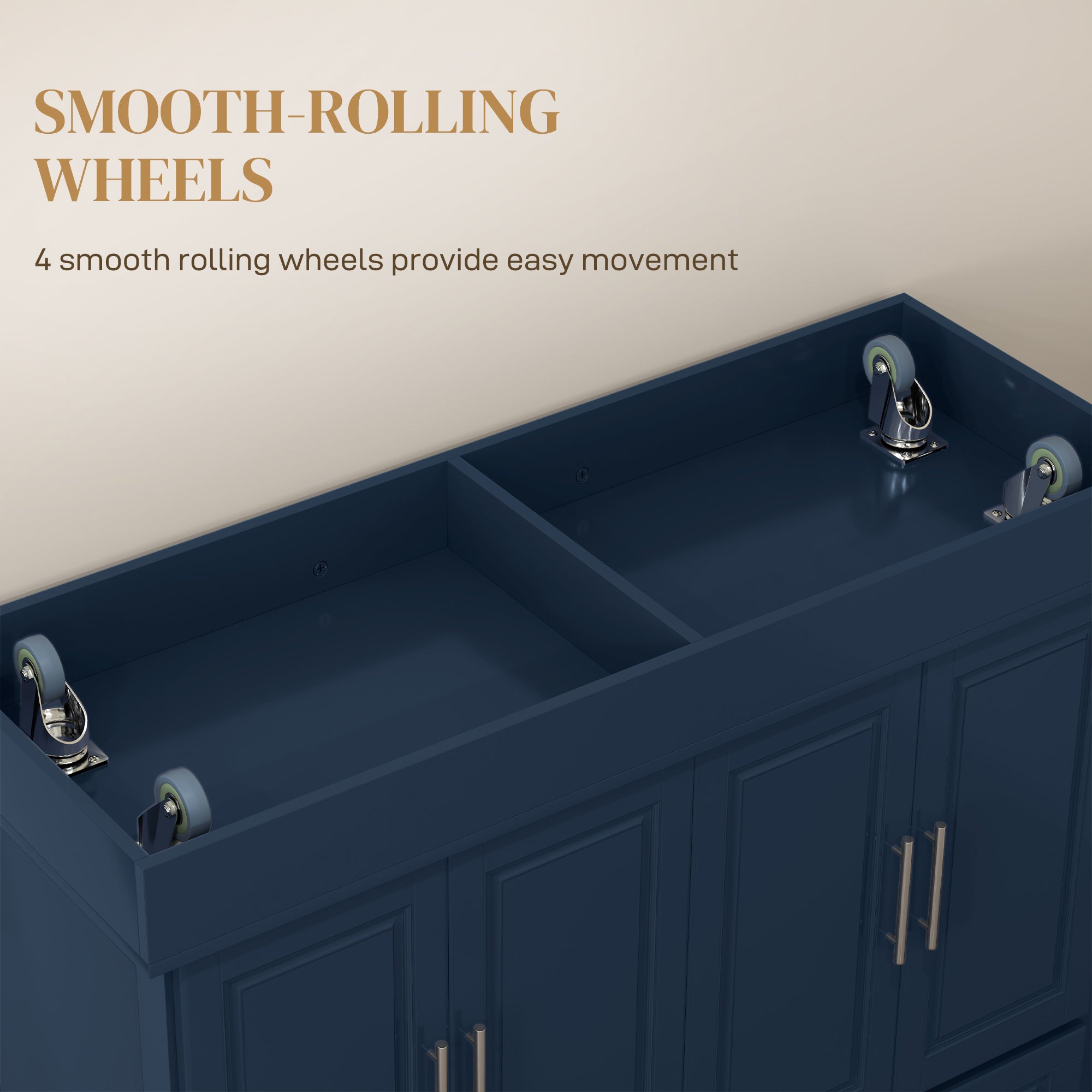 Rolling Kitchen Island with Stainless Steel Top, 2 Drawers, Spice, Knife and Towel Rack and Cabinets, Navy Blue