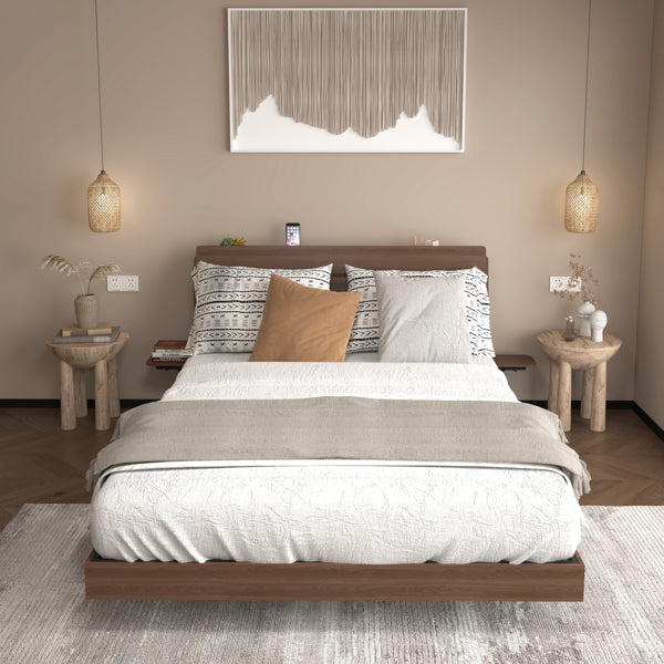 Floating Bed Frame Queen With Led Lights And Charging Station, Wood Queen Size Bed Frame With Storage Headboard, No Box Spring Needed, Easy Assembly,Walnut