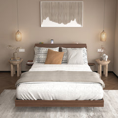 Floating Bed Frame Queen With Led Lights And Charging Station, Wood Queen Size Bed Frame With Storage Headboard, No Box Spring Needed, Easy Assembly,Walnut