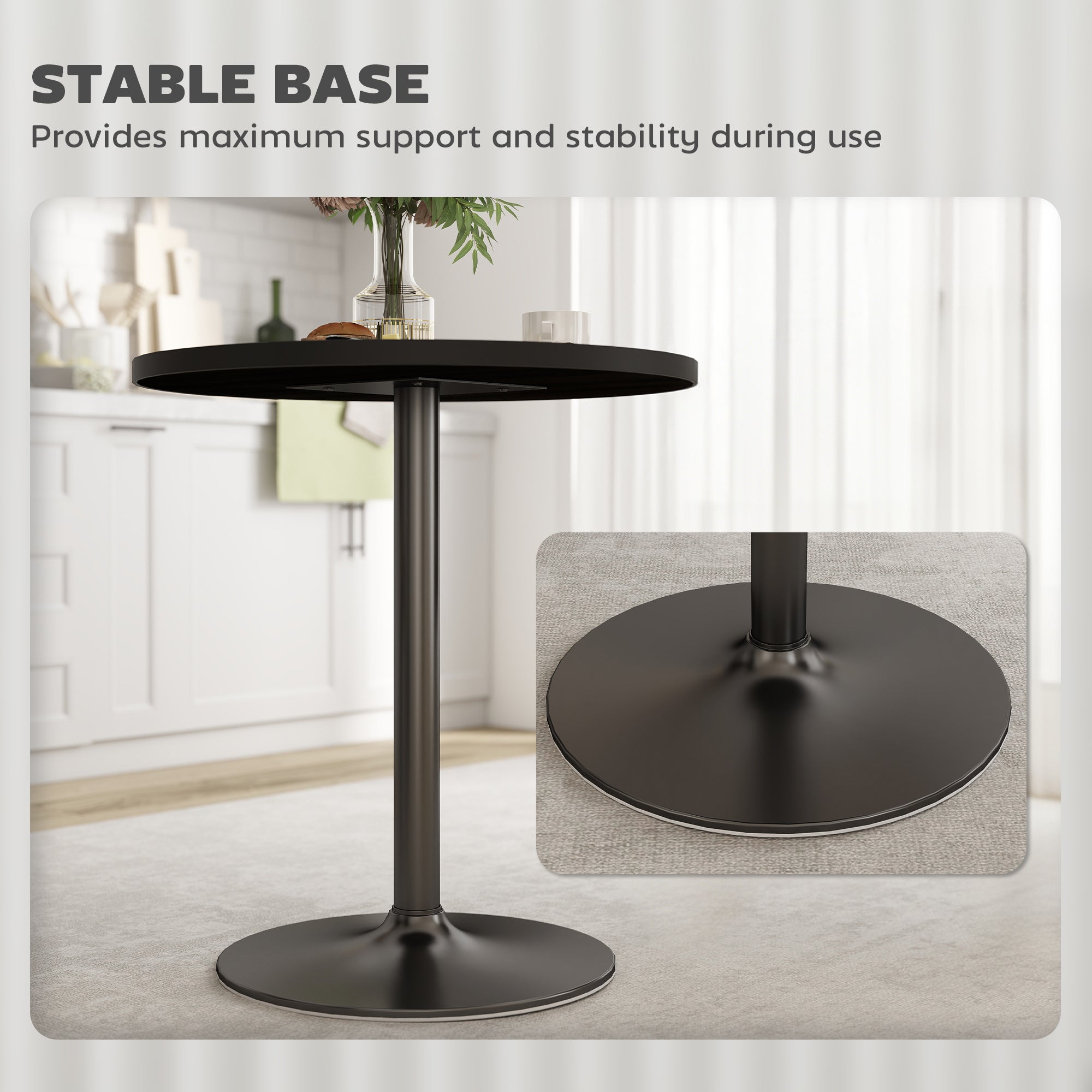 Round Dining Table for 2-4 People, Small Kitchen Table with Wood Grain Top, Black