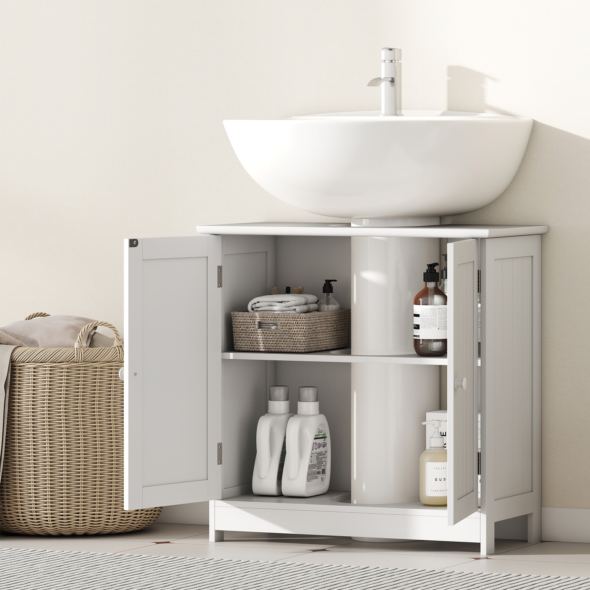 Under Sink Bathroom Cabinet, Pedestal Sink Storage Cabinet with 2 Doors, Shelf and U-Shape, White