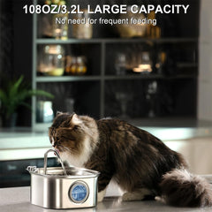 Cat Water Fountain Stainless Steel,108oz 3.2L Cat Fountain For Drinking - Pet Water Fountain Inside - Automatic Dog Watering Dispenser Bowl - Pet Feeding & Watering Supplies - Water Level Window