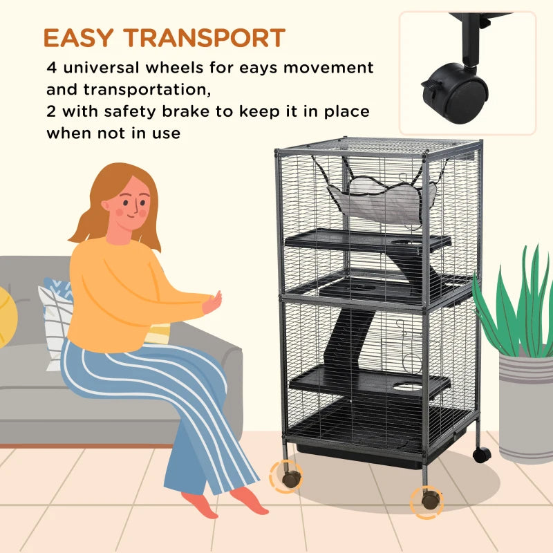 PawHut Metal Small Animal Cage Rolling Big Ferret Cage, Chinchilla Cage, Sugar Glider Cage, With Hammock & 4 Tiers, Removable Tray, Gray