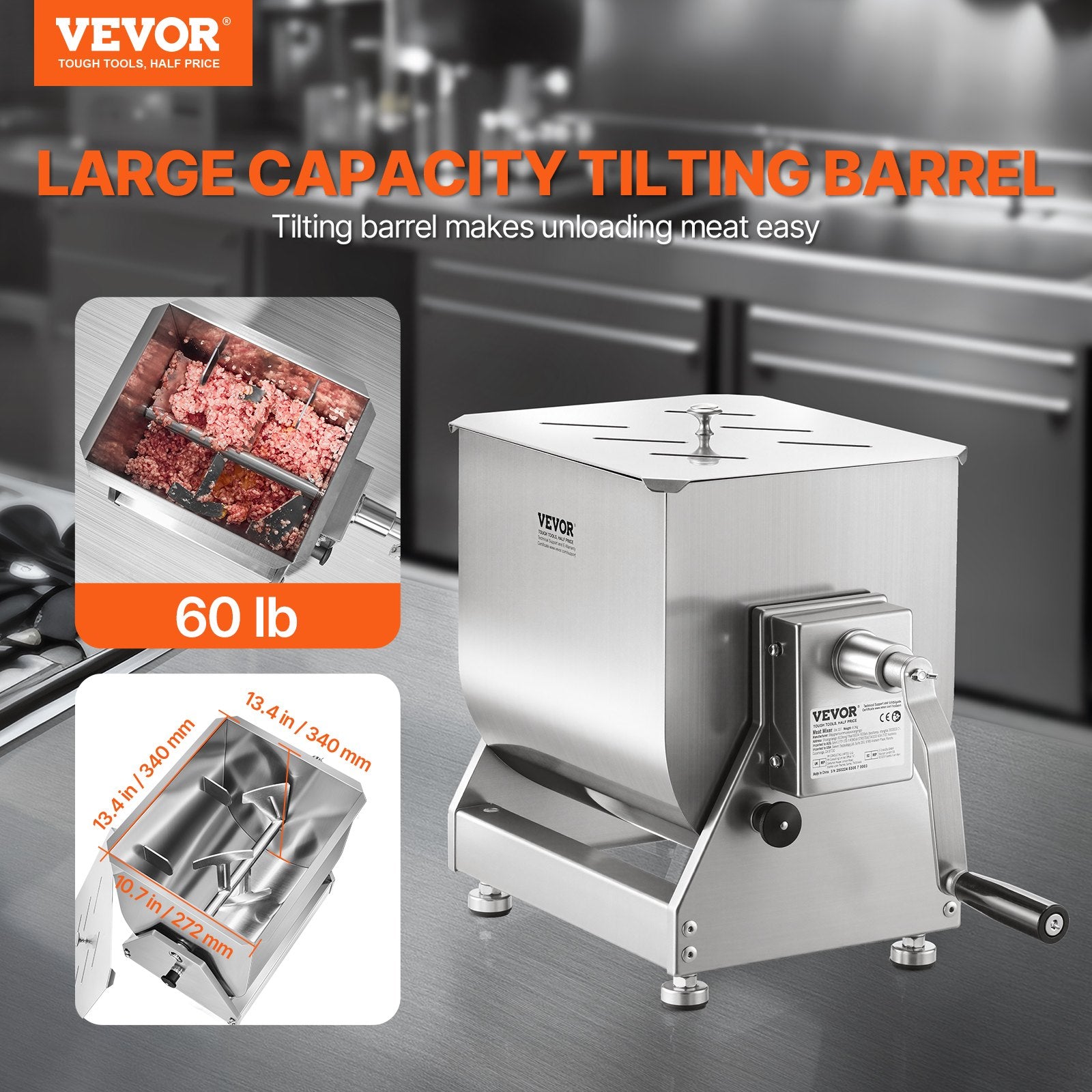 Manual Meat Mixer 60L Tilt Tank Mixing Max 60LB For Meat Sausage Mixer Machine