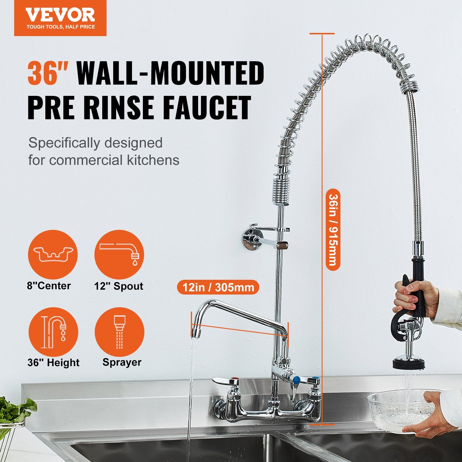 Commercial Faucet With Pre-Rinse Sprayer, 36' Height, 8' Center, 12' Swing Spout, Wall Mount Kitchen Sink Faucet, Brass Constructed Device With Pull Down Spray, For 1/2/3 Compartment Sink