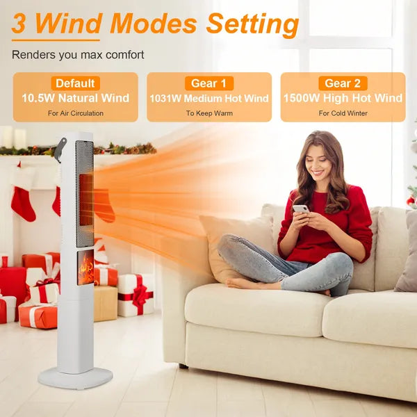 1500W Oscillating Ceramic Tower Space Heater With 3D Flame Portable Electric Heater With 3 Wind Modes Remote Control 5 Timer Overheat Tip-Over Protection For Bedroom Office