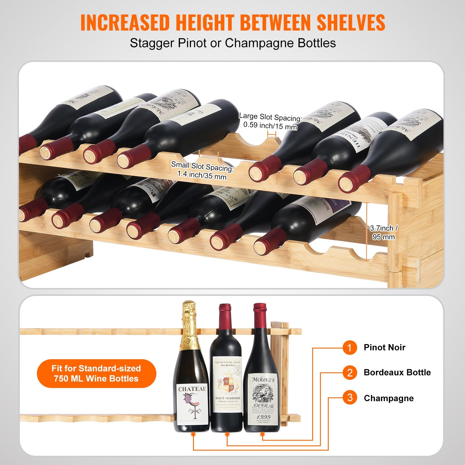 18 Bottle Stackable Modular Wine Rack Bamboo Wood Display Shelf 2-Tier