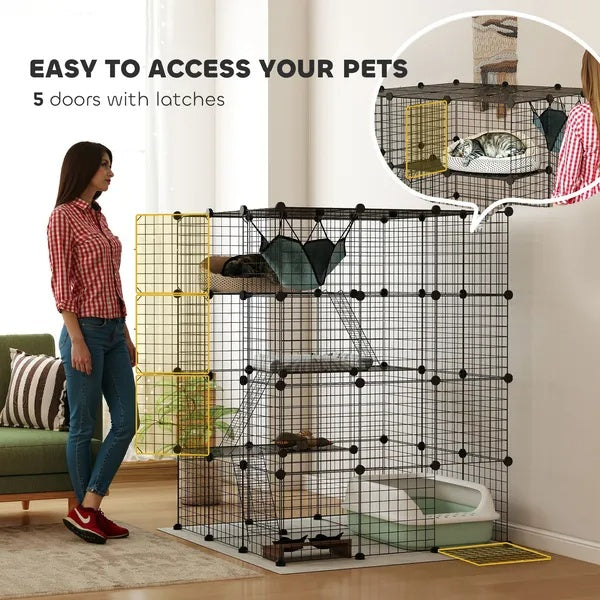 DIY 4 Tier Cat Cage Indoor With Hammock, Ramps, Jumping Platforms, Doors, Cat Enclosure For 1-3 Cats, 3 X 3 X 4, Black