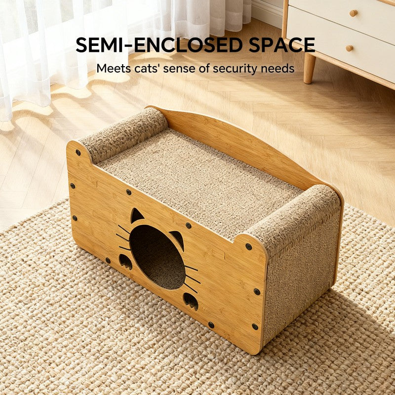 56cm Whisker Cat Shape Cat Scratcher Sofa, Wooden Cat Bed With Upper Scratcher & Lower Private Space, Cat Claw Care & Resting Toy
