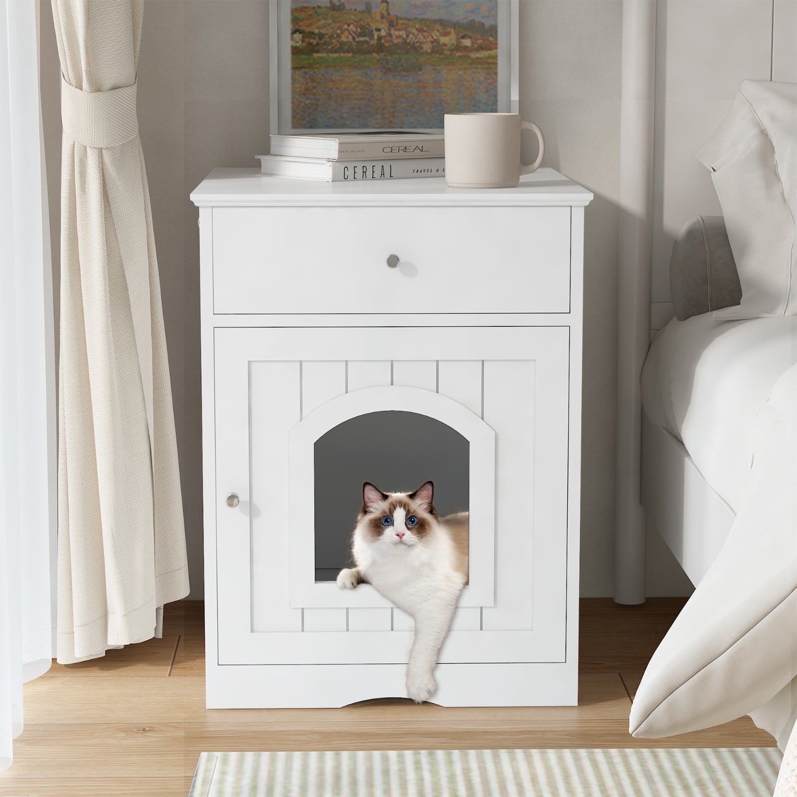 Wooden Pet House Cat Litter Box Enclosure, Side Table, Indoor Crate