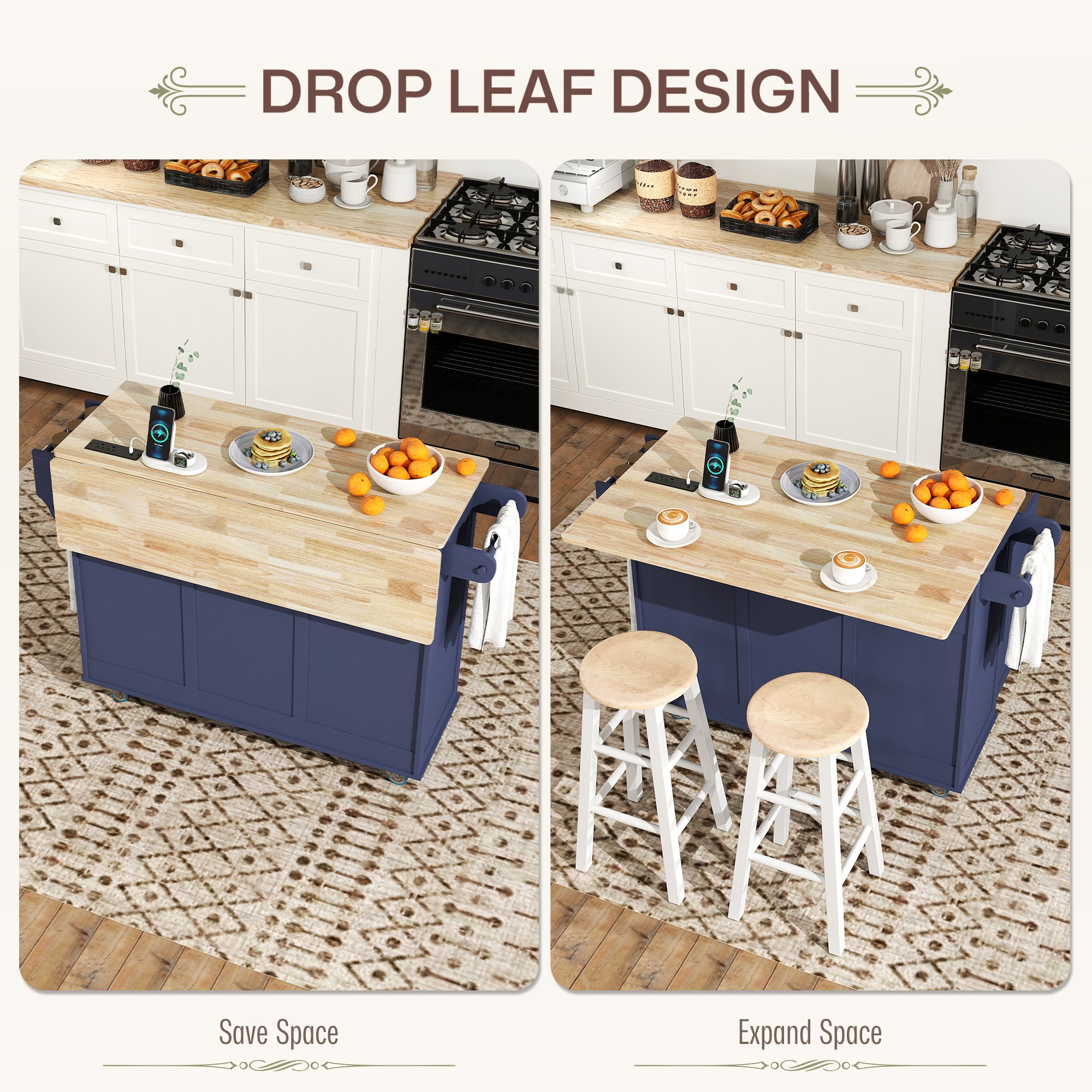 Kitchen Island on Wheels with Drop Leaf, Charging Station, Rolling Kitchen Cart with Wood Top, Adjustable Shelf, Blue