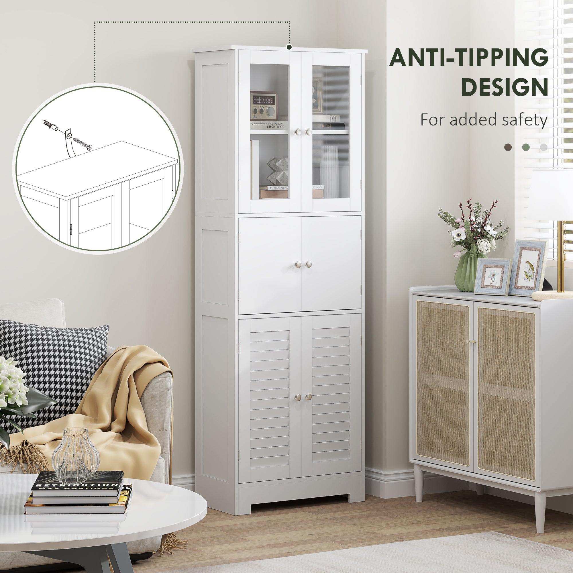Freestanding Bathroom Cabinet with Glass/Louvred Doors, Tall Bathroom Storage Cabinet with Adjustable Shelf, White