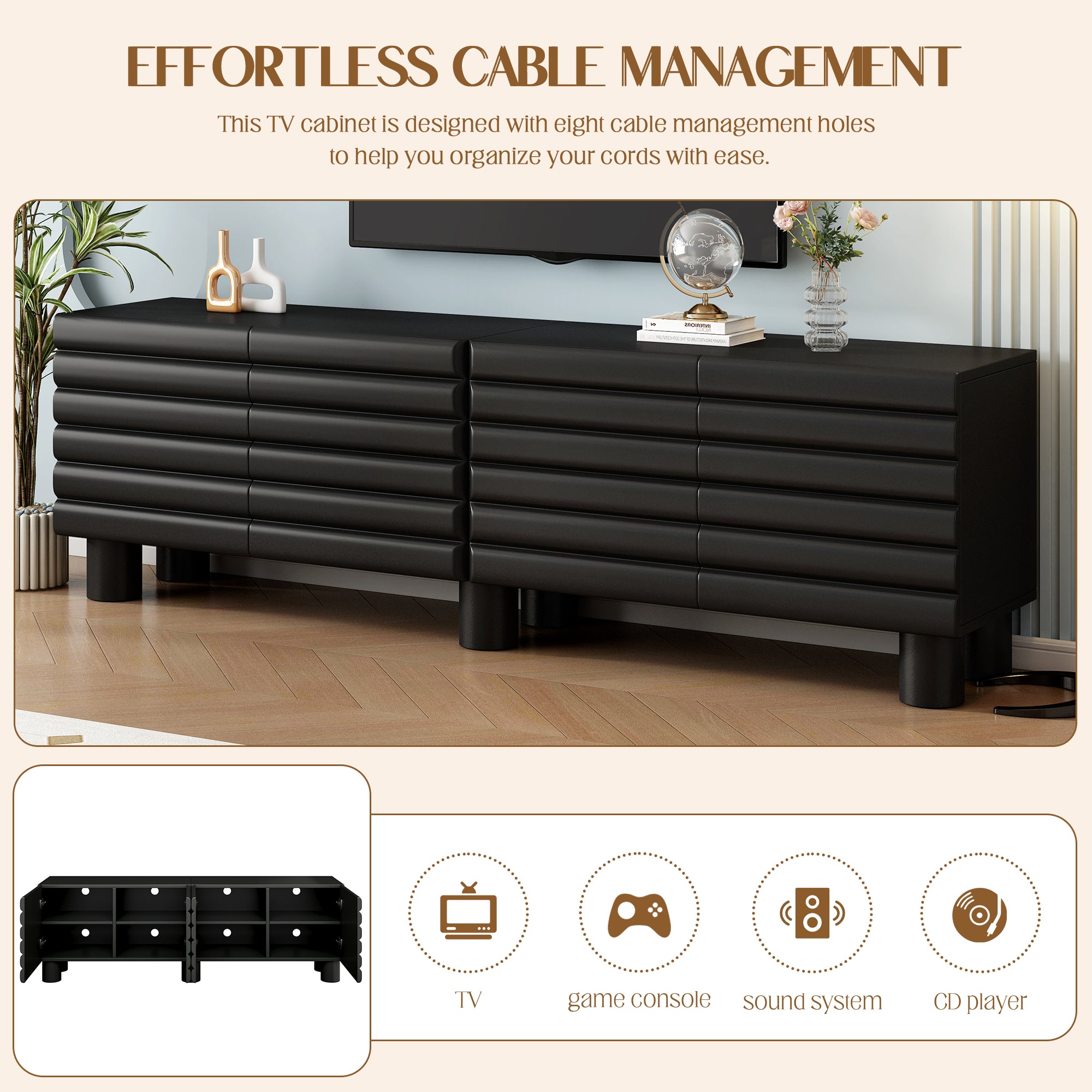 Stylish Thick Wavy Door TV Cabinet With Adjustable Shelves, Cream Style TV Stand With 4 Cabinets For TVs Up To 75 Solid Media Console With Cylindrical Legs And Cable Holes For Living Room, Black
