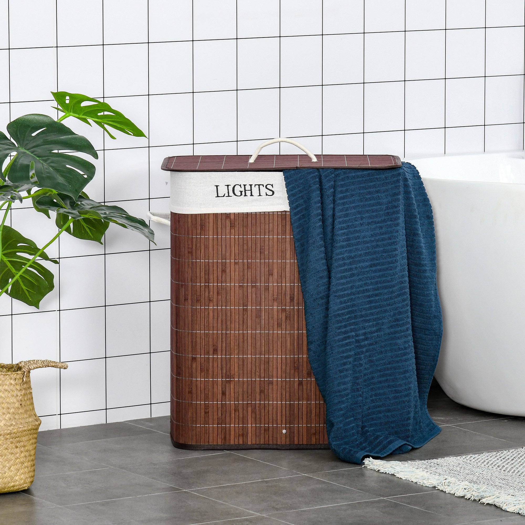 Bamboo Laundry Basket with Lid and String Handles, Collapsible Laundry Hamper with 2 Removable Bags, Brown