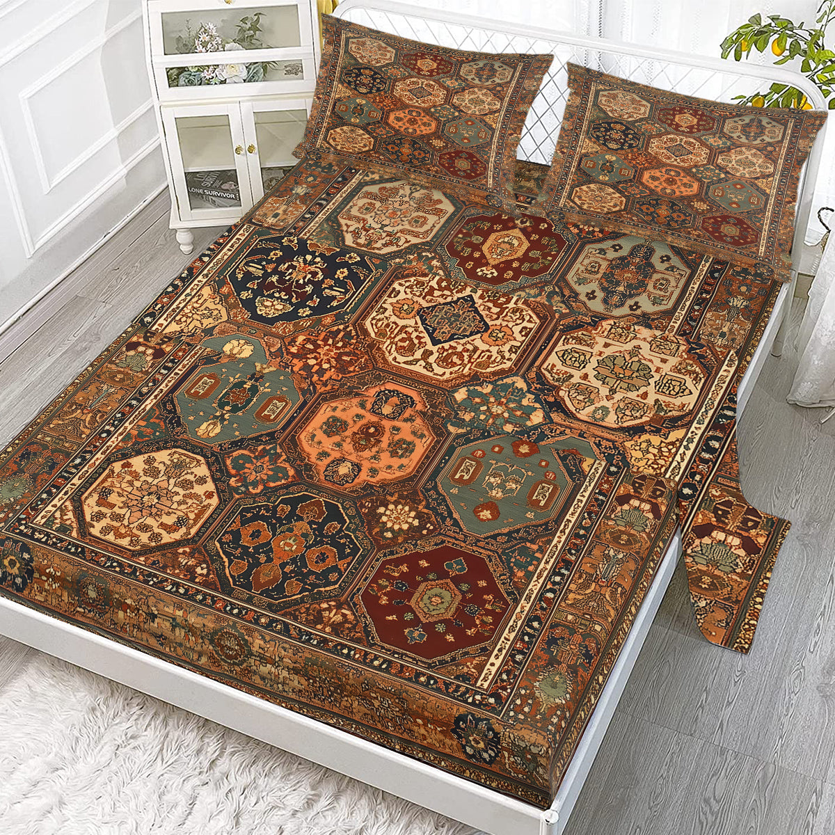 4pcs Retro Bohemian Geometric Style Minimalist Comfort Series Bed 1Fitted Sheet 1 Sheet And Two Pillowcases Bedding For All Seasons Use