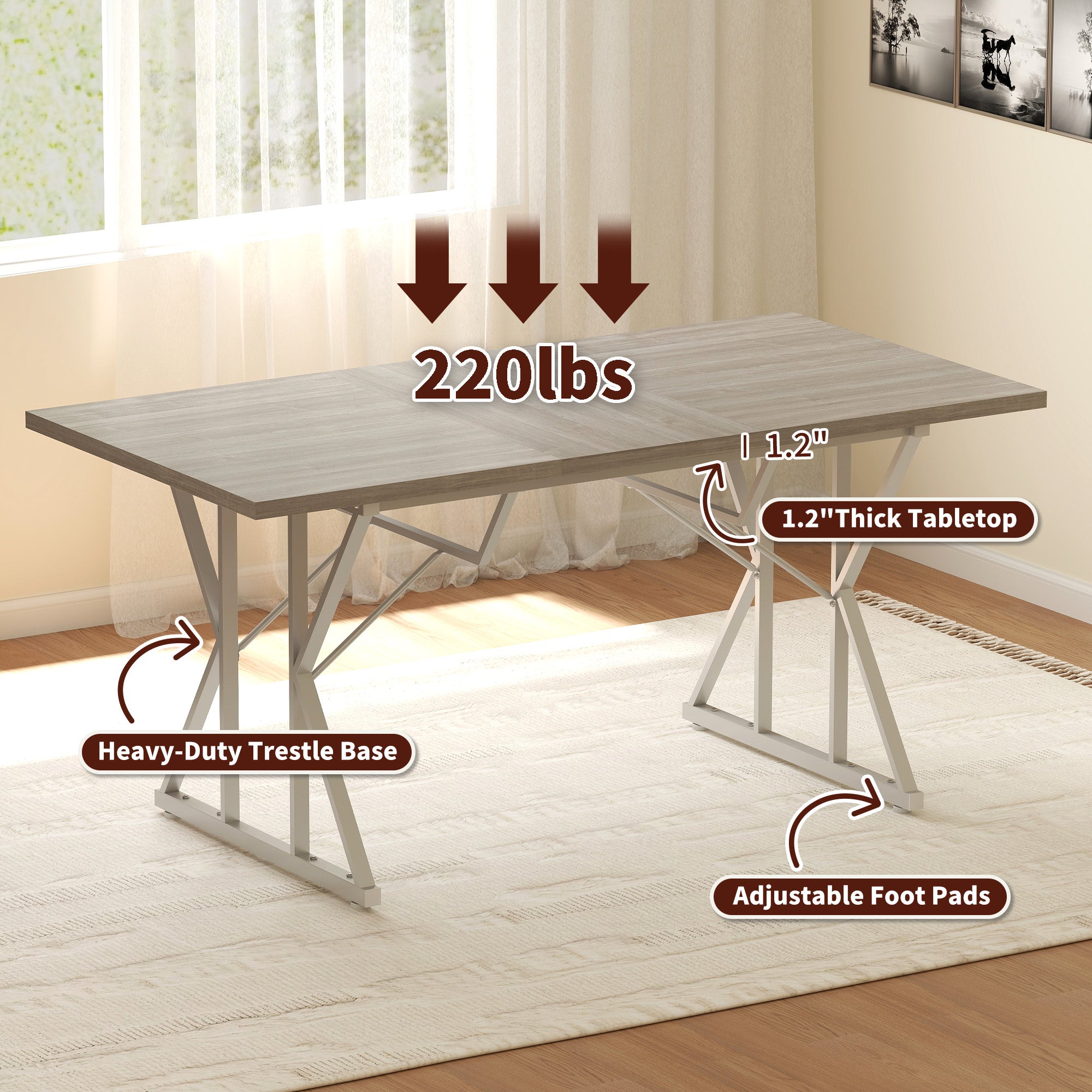 47"-63" Extendable Dining Table for 4-6, Farmhouse Expandable Kitchen Table with Heavy Duty Trestle Base, Gray