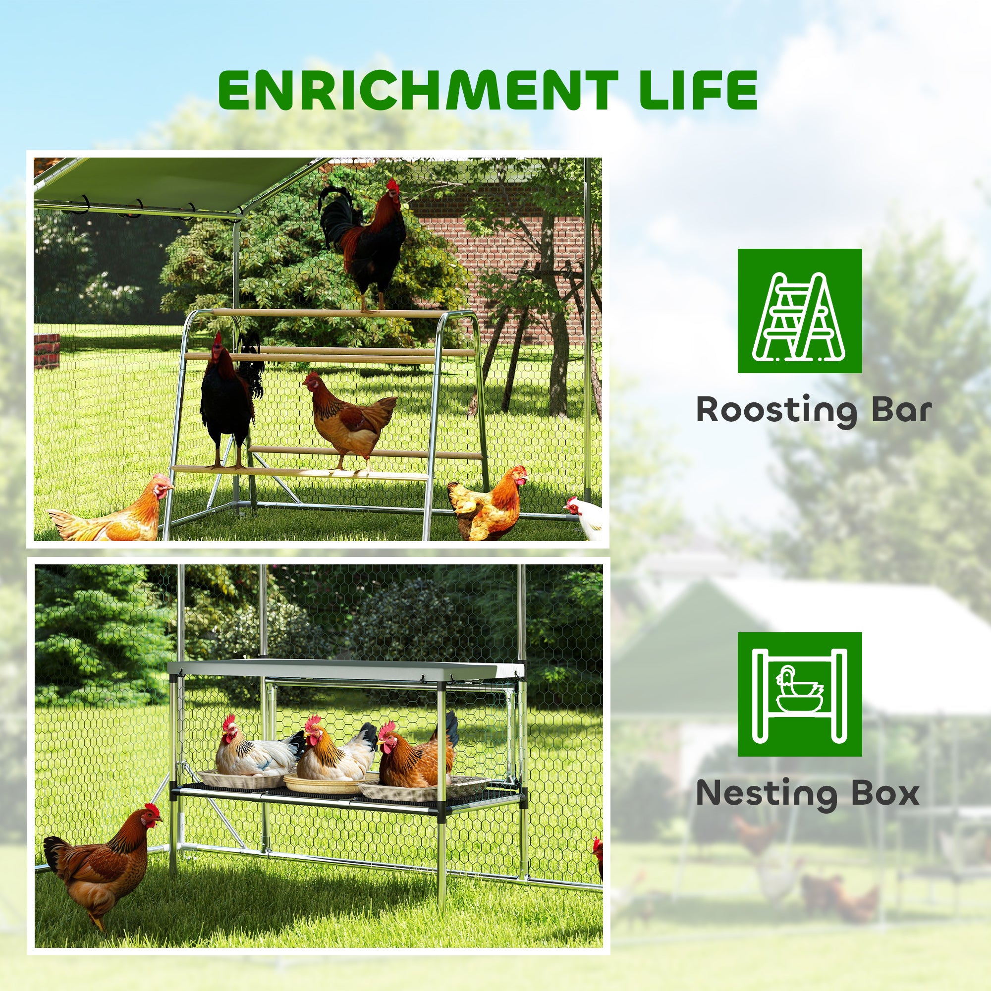 Large Metal Chicken Coop with Waterproof Cover, Roosting Bar, Nesting Box, 9.8' x 19.7' x 6.4'