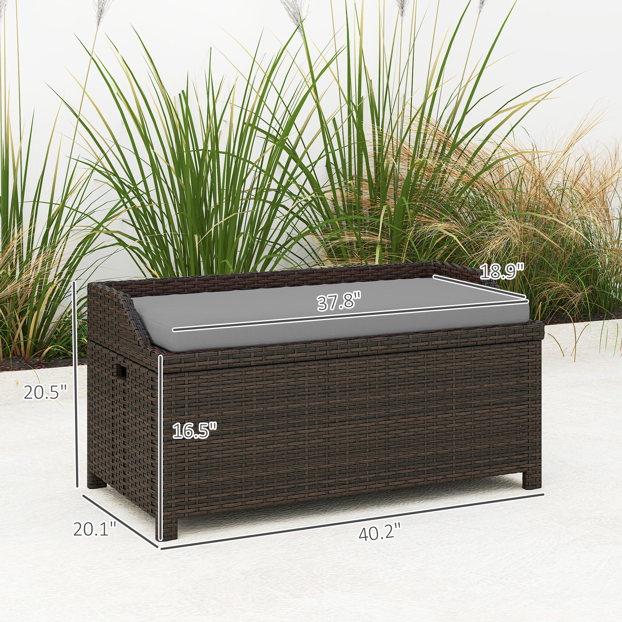 Outdoor Wicker Storage Bench With Storage & Cushion, Gray