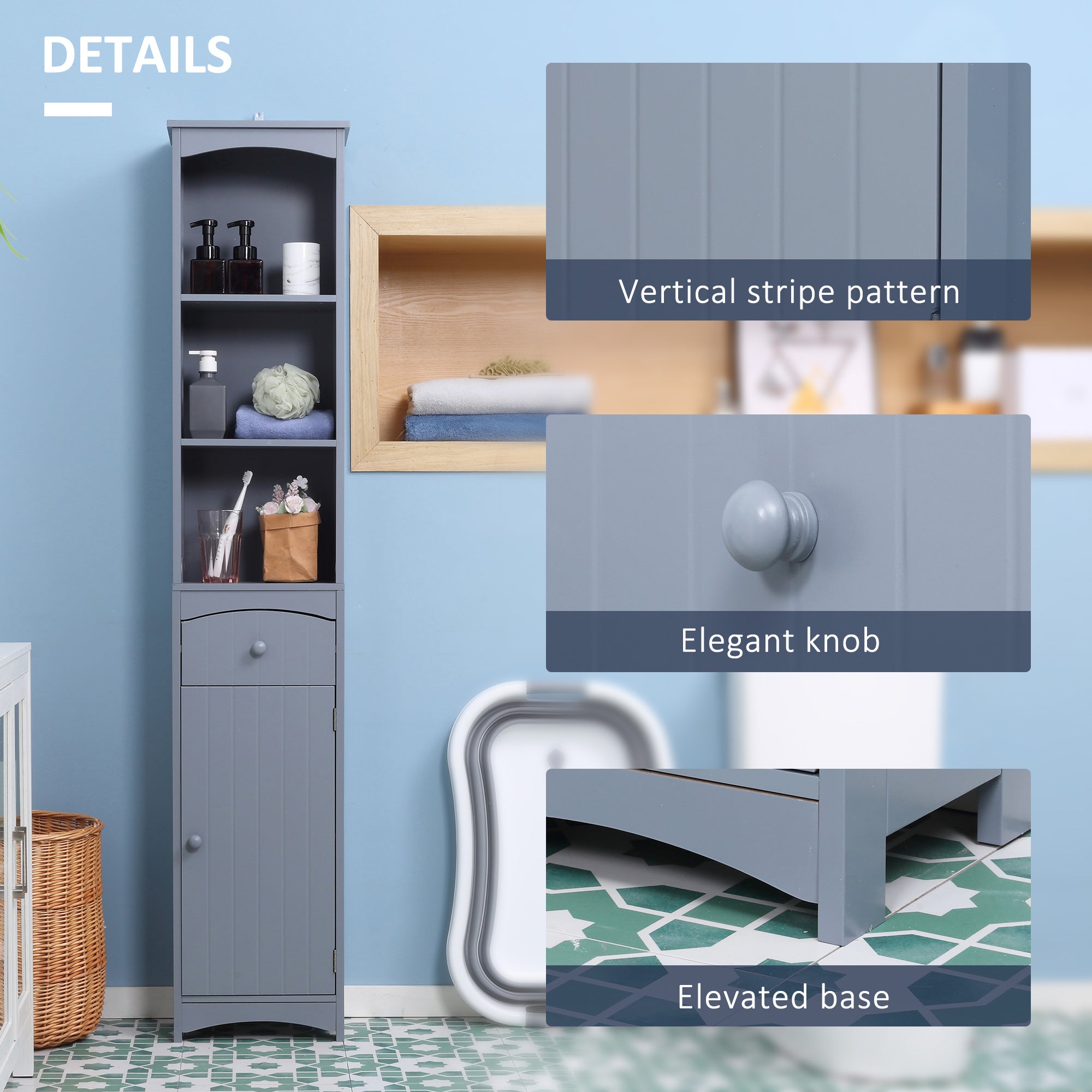 Bathroom Storage Cabinet, Free Standing Bathroom Storage Unit, Tall Linen Tower with 3-Tier Shelves and Drawer, Grey