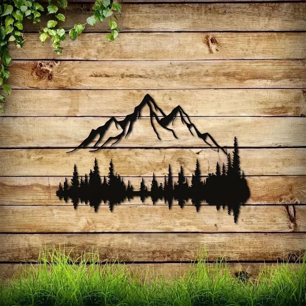 Large Black Metal Wall Art Set Of 2 - Mountain Forest Tree Sculpture Wall