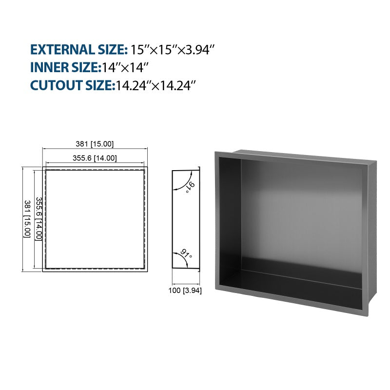 15 X 15 In Stainless Steel Shower Niche - Gunmetal Black, Waterproof, Easy Installation, Corrosion-Resistant