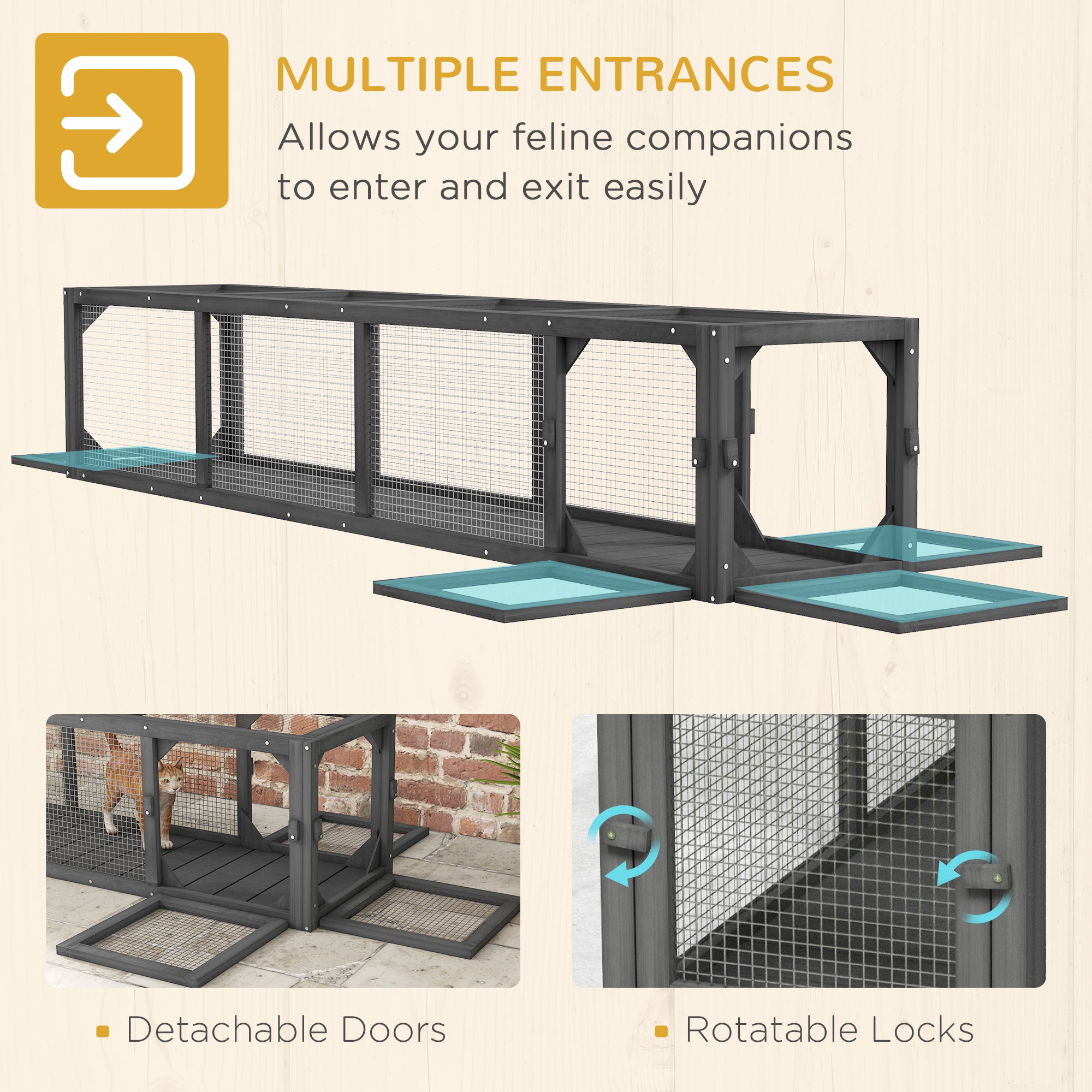 Wooden Cat Run with Weather Protection, Connecting Inside and Outside, 79"L x 15"W x 15"H, Dark Gray