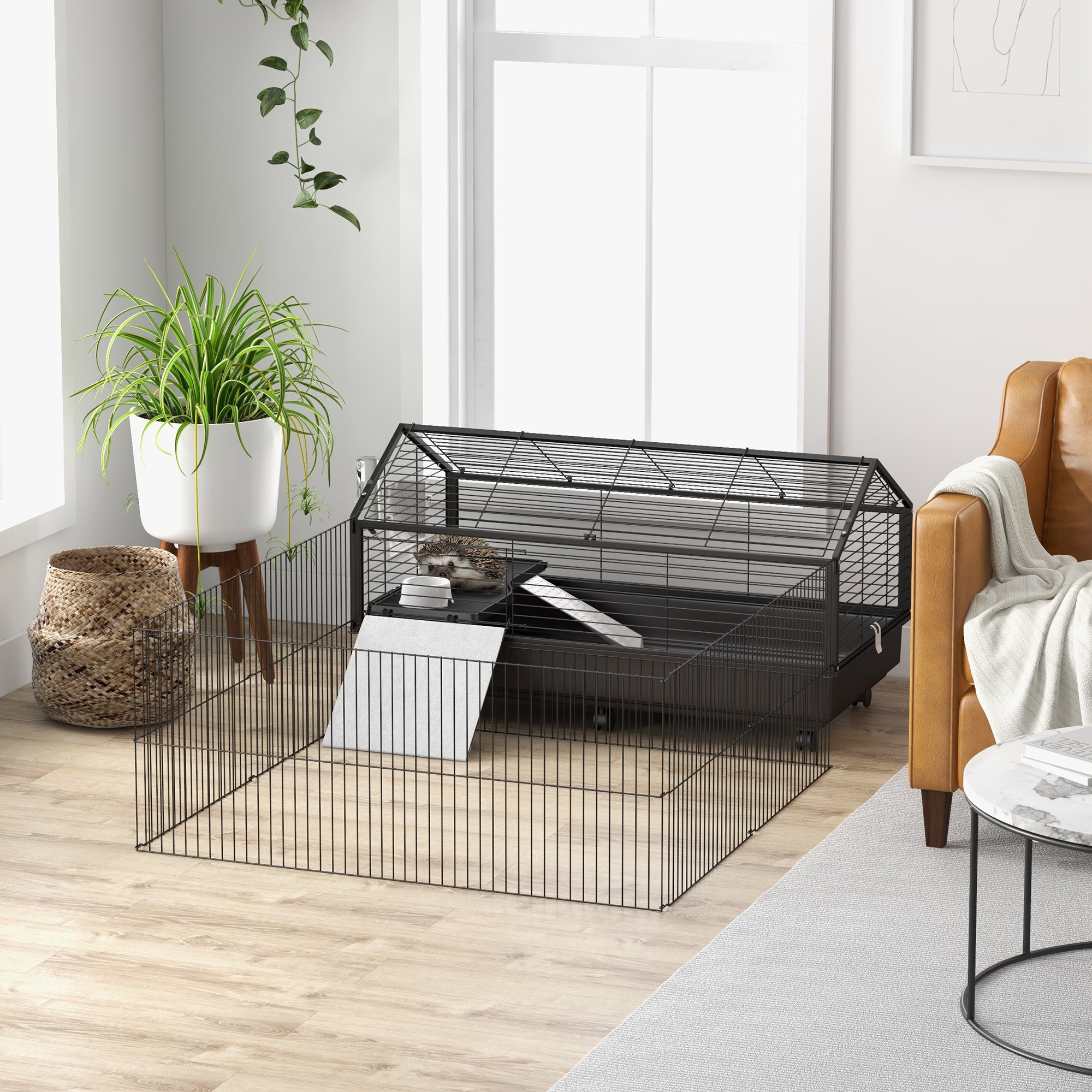 Small Animal Playpen Cage with Rolling Caster, Water Bottle 46.5"
