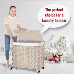 Laundry Hamper With Lid PE Rattan Powder Coating Frame Clothes Hampers With 02 Removable Bags, Wheels, 160L, Gray Color