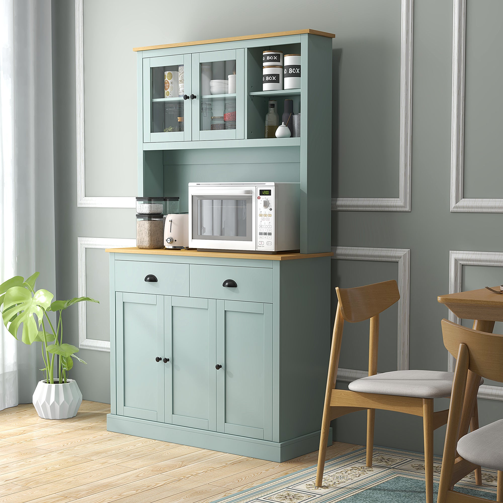 Kitchen Pantry Storage Cabinet with Microwave Stand, 71" Modern Kitchen Hutch with Open Countertop, Glass Doors, Storage Drawers and Adjustable Shelves for Dining Room, Coffee Bar, Light Blue