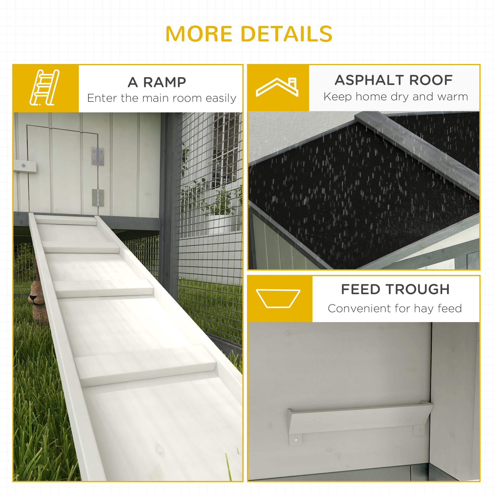 Large Rabbit Cage Outdoor 61"L Guinea Pig Hutch w/ Run Feeding Trough Removable Tray Ramp Asphalt Roof, White