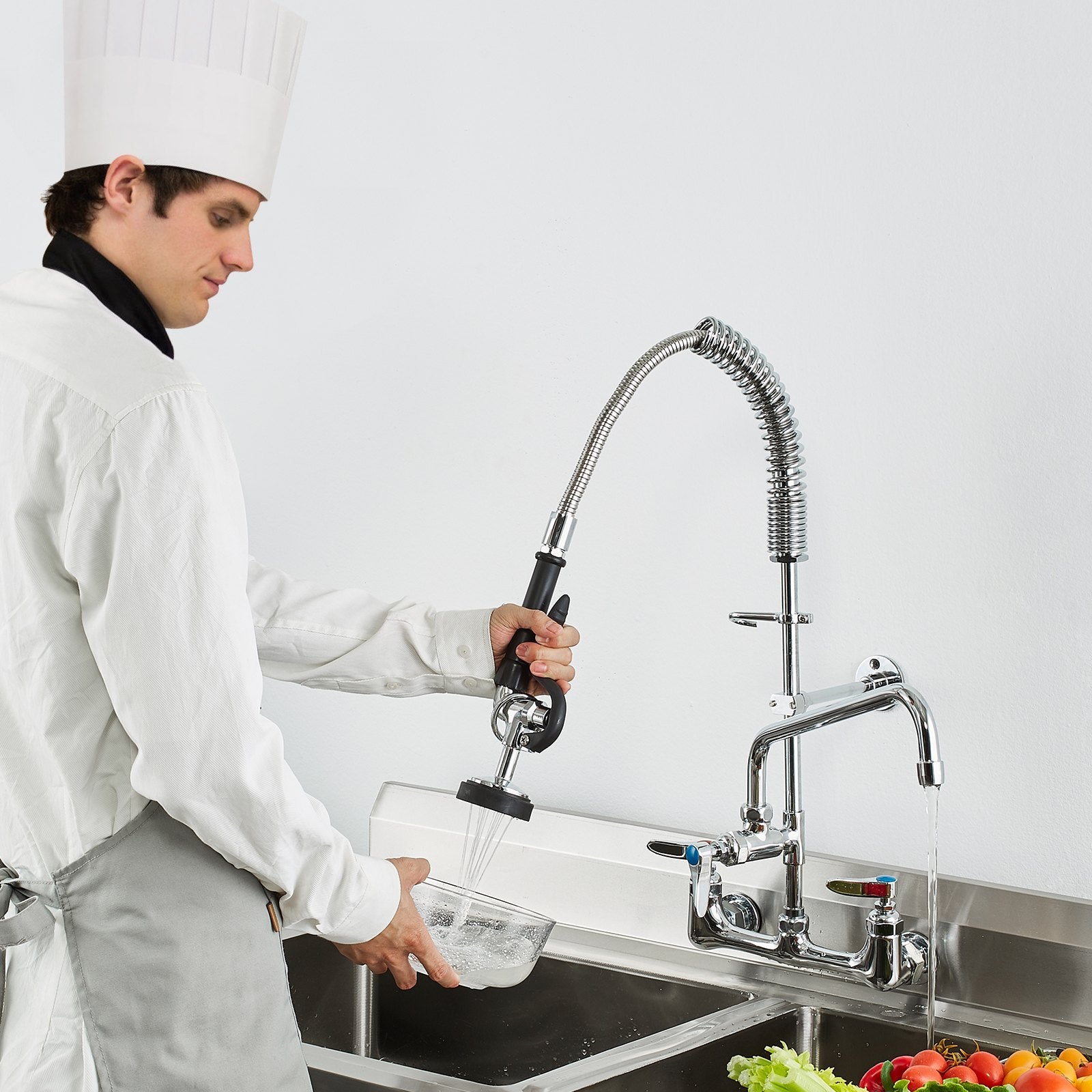 Commercial Faucet With Pre-Rinse Sprayer, 25' Height, 8' Center, 12' Swing Spout, Wall Mount Kitchen Sink Faucet, Brass Constructed Device With Pull Down Spray, For 1/2/3 Compartment Sink