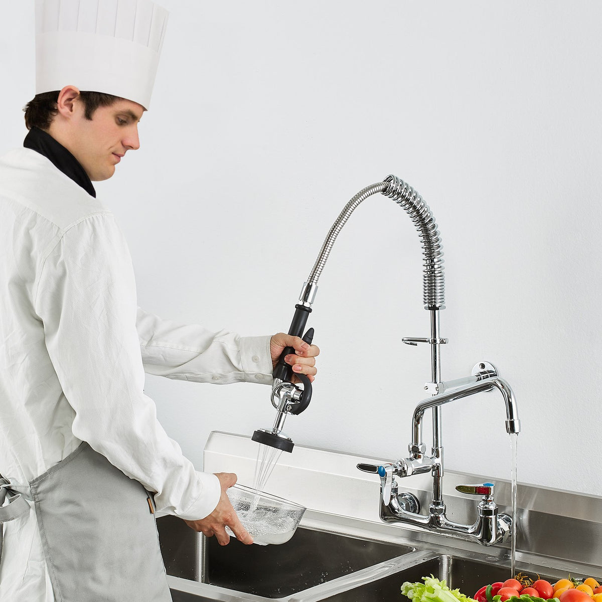 Commercial Faucet With Pre-Rinse Sprayer, 25' Height, 8' Center, 12' Swing Spout, Wall Mount Kitchen Sink Faucet, Brass Constructed Device With Pull Down Spray, For 1/2/3 Compartment Sink