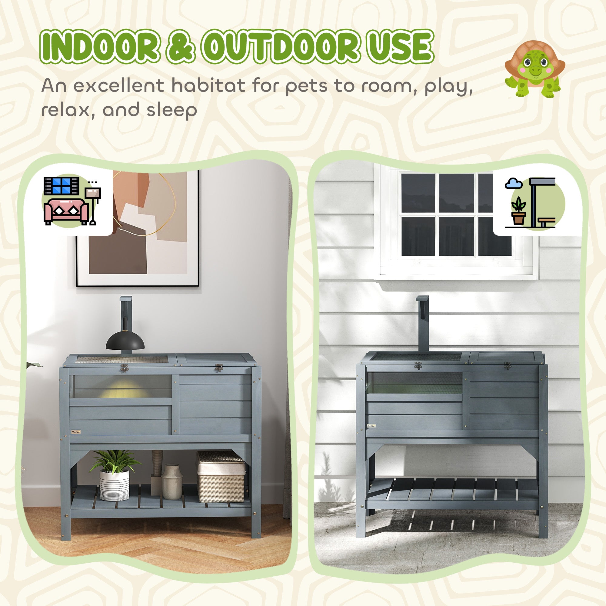 Tortoise Habitat with Shelf Storage Tortoise Gift Accessory with Weather Protection for Indoor, Gray