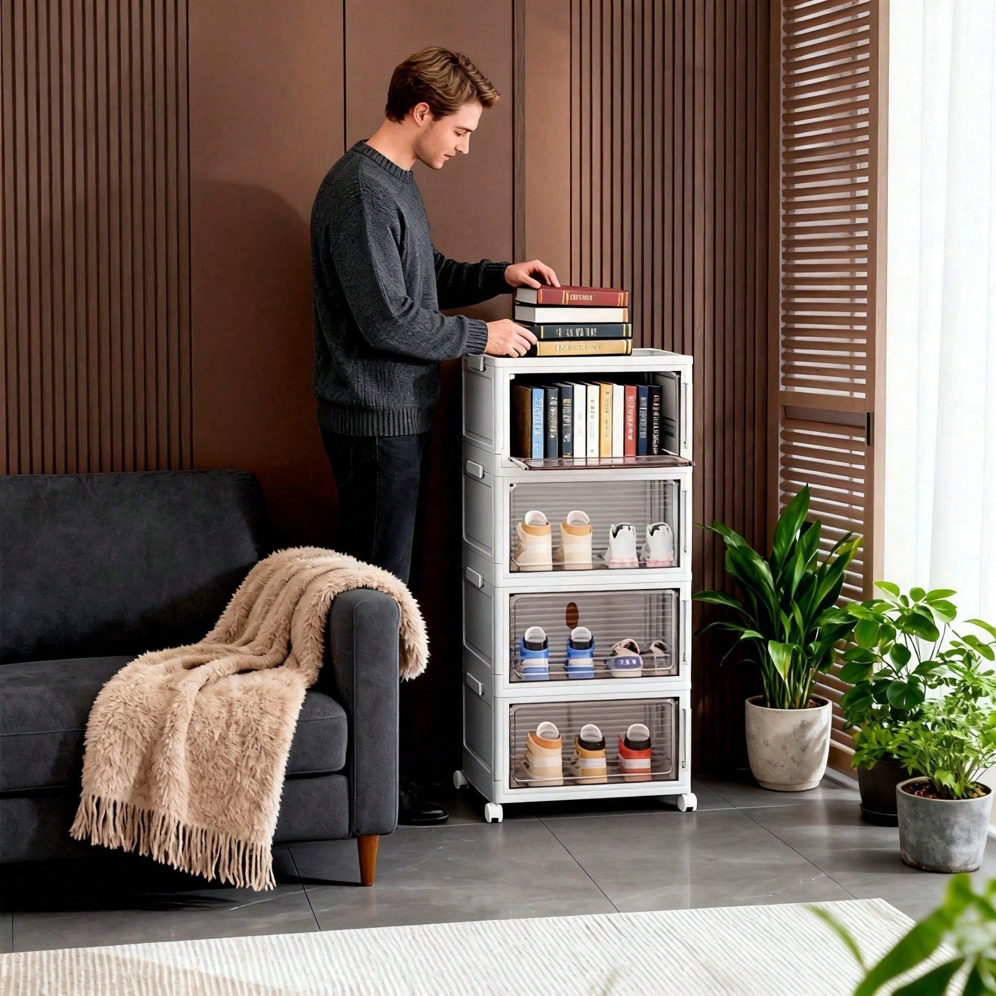 Stackable Shoe Storage Rack, Plastic Cabinet With Clear Doors For Home Use